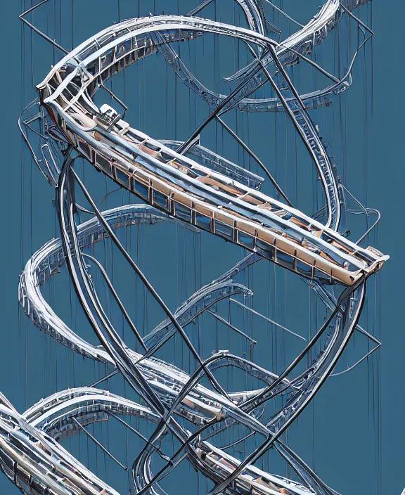 Image similar to simplicity, elegance, a roller coaster building made out of simple organic forms, in the style of a streamlined asymmetrical spaceship, bleak apocalyptic environment, by dan mumford, yusuke murata, makoto shinkai, ross tran, cinematic, unreal engine, cel shaded, featured on artstation, pixiv