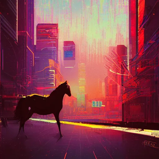 Image similar to a graph style gauche impasto, horse, cyberpunk art by james gilleard, cityscape, depth of field, cgsociety, retrofuturism, synthwave, retrowave, outrun.