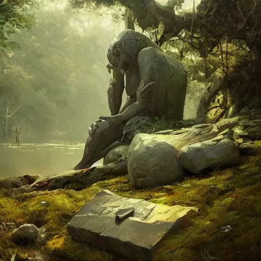 Image similar to stone golem resting beside a pond inside a forest, stone elemental, oil painting, by Greg Rutkowski