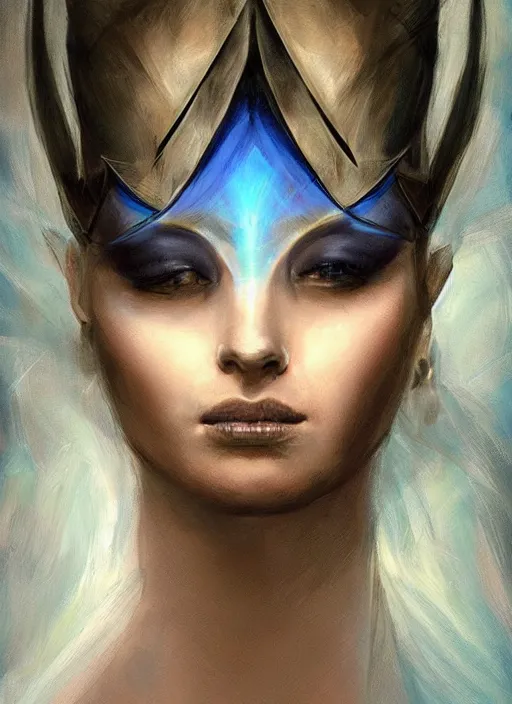 Image similar to portrait of mighty plump female sorceress, blue tiara and veil, lightning halo, strong line, muted color, beautiful! coherent! by brom