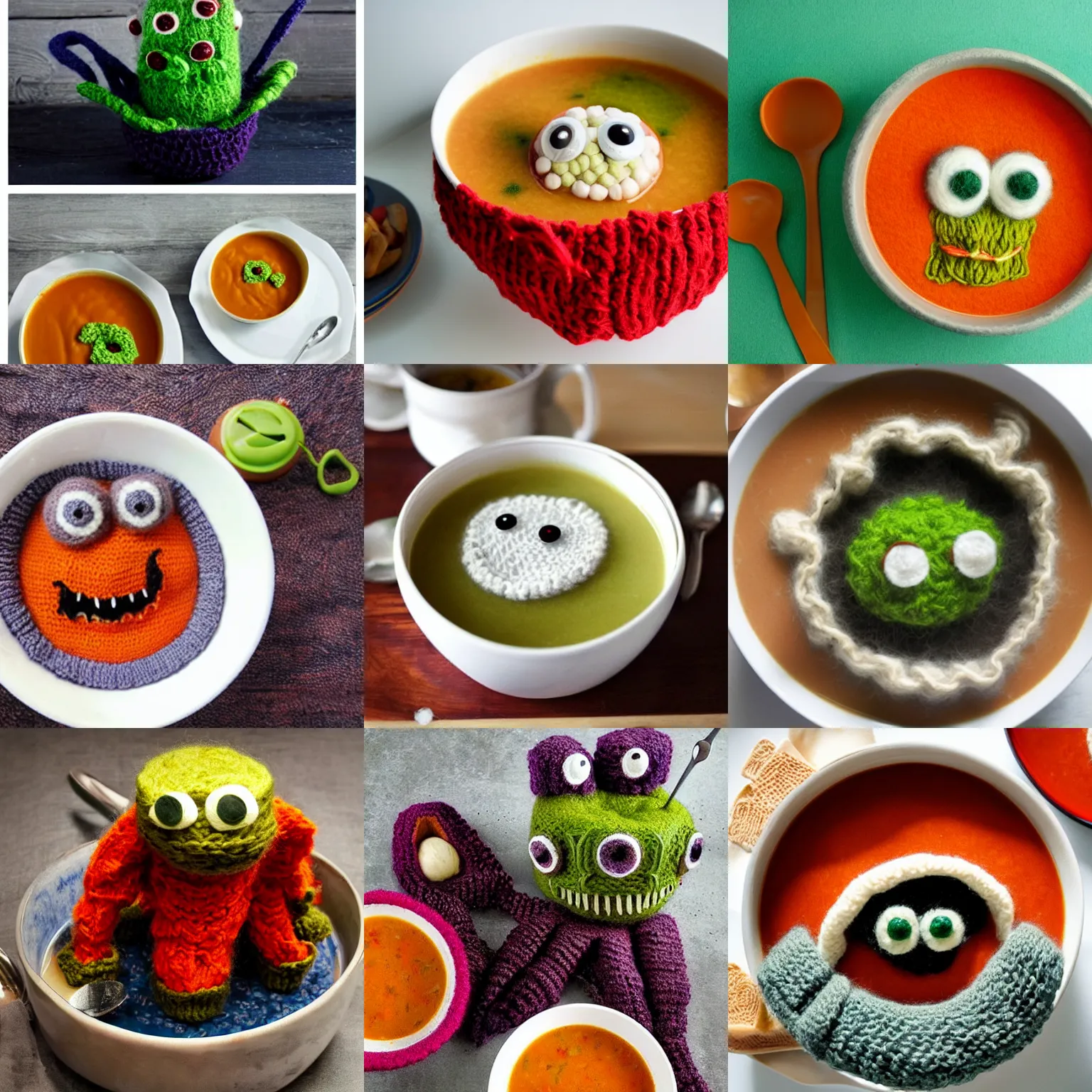 Prompt: a bowl of soup that looks like a monster knitted out of wool