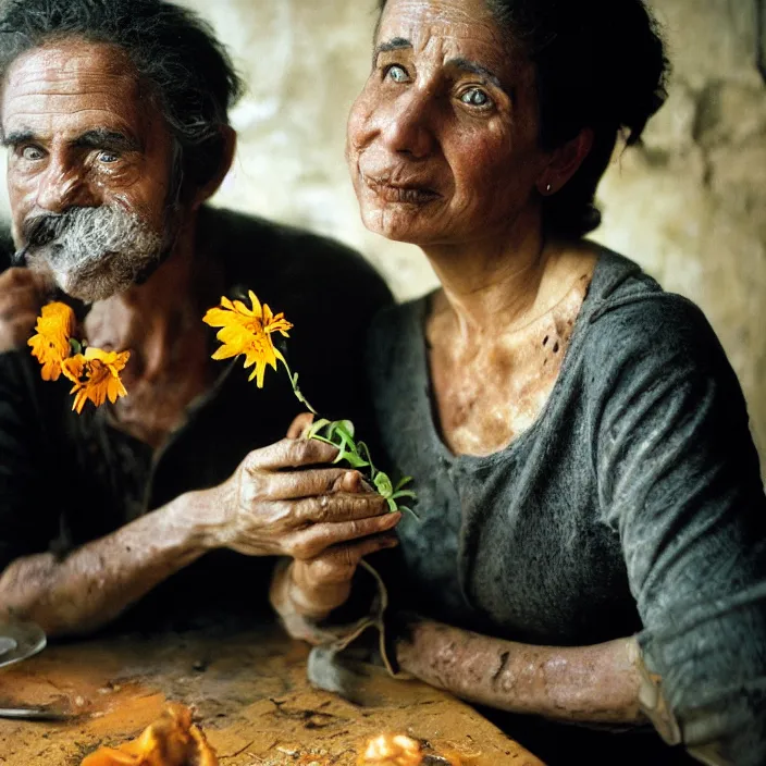 Prompt: closeup portrait of a couple eating flowers at a dining table, in a burnt charred house, by Annie Leibovitz and Steve McCurry, natural light, detailed face, CANON Eos C300, ƒ1.8, 35mm, 8K, medium-format print