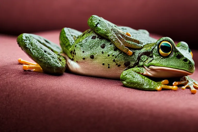 warmies stuffed frog sitting on couch, studio