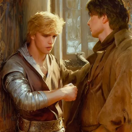 Image similar to attractive male, blond hair, arthur pendragon confesses his love to attractive male, dark hair, merlin. highly detailed painting by gaston bussiere, craig mullins, j. c. leyendecker 8 k