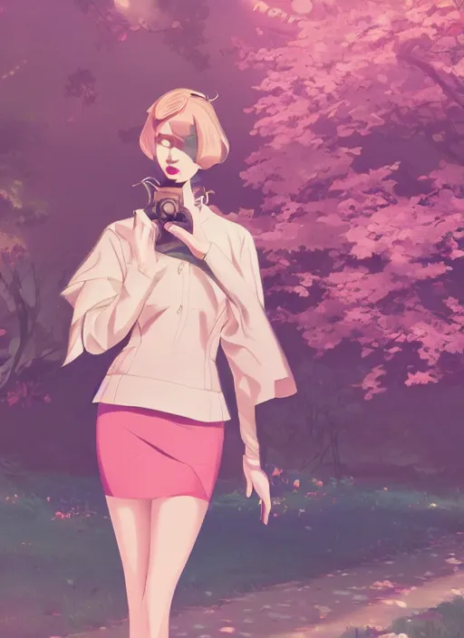 Image similar to a beautiful woman in 1950\'s fashion, park landscape, 4k, anime key visual, lois van baarle, ilya kuvshinov, rossdraws, artstation