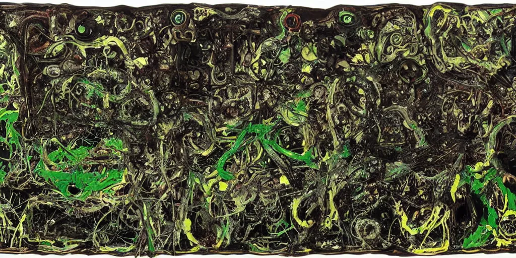 Image similar to a black and green biomechanical talisman of suffering, rotting, fungus, wings by maggi mcdonald, jackson pollock, mark rothko, sabina klein