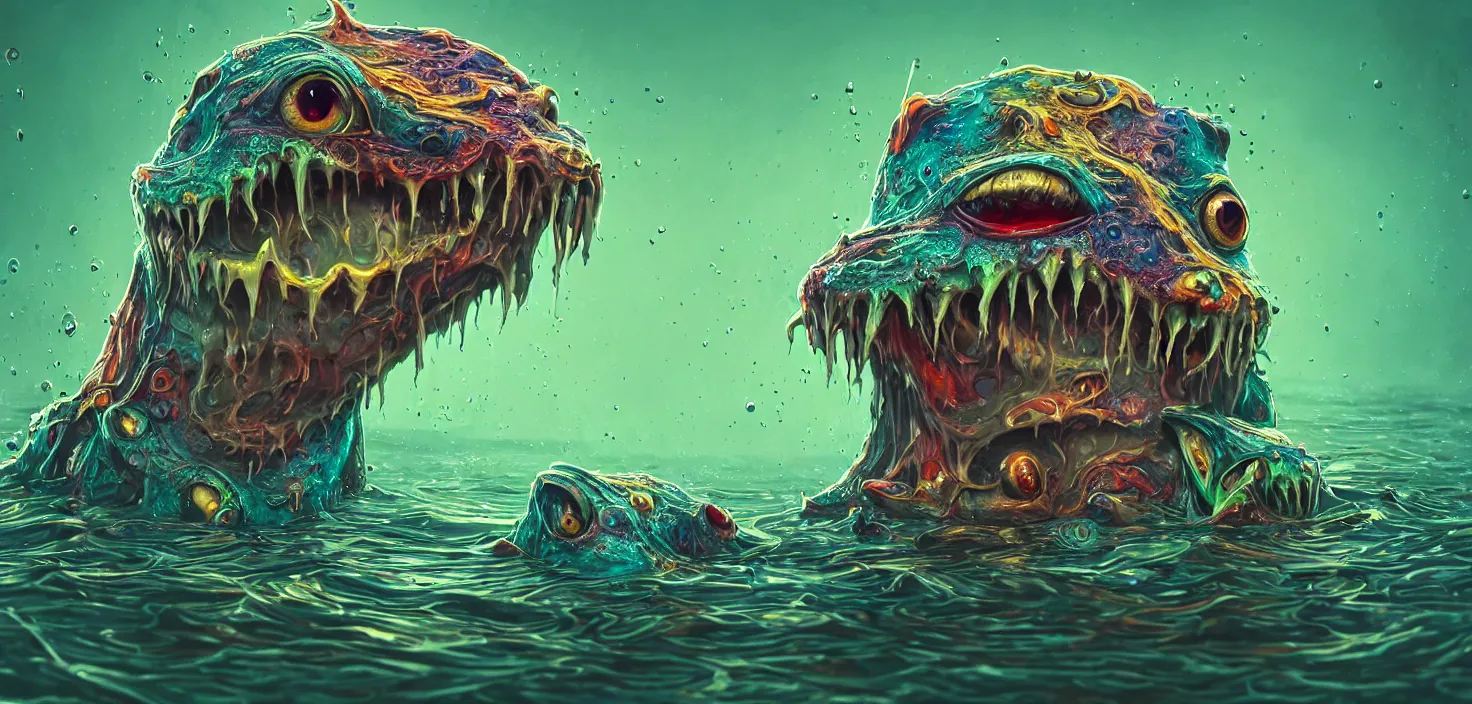 Prompt: intricate colourful murky with strange cute friendly angry crazy creatures with huge beauty eyes # # # long tongue triangle teeth and scary face appearing from the water, in the style of craola, shallow depth of field, highly detailed, digital painting, trending artstation, concept art, illustration, cinematic lighting, vibrant colors, photorealism, epic, octane render