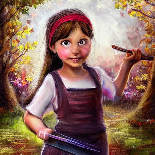 Image similar to the blacksmits’ daughter, working in the forge, a smile at her face, fantasy art in the style of Lilia Alvarado,