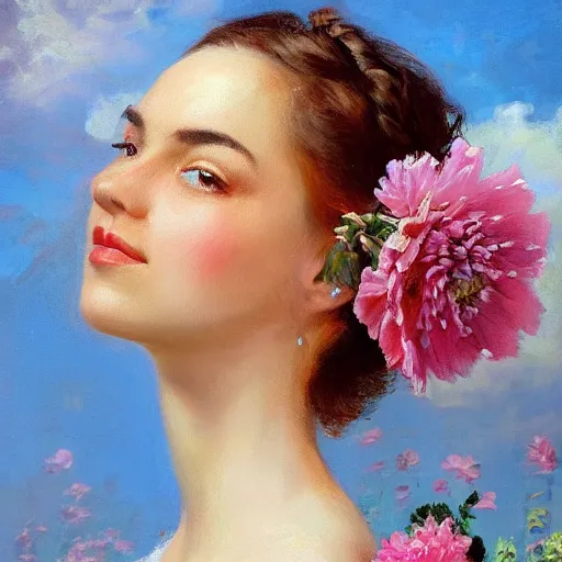 Image similar to a portrait of a romantic woman with flowers grow out of hair, roses peonies forget-me-nots dahlias lupins gladioli, sky theme in background, by Alexandr Averin, Digital Art, Trending on artstation