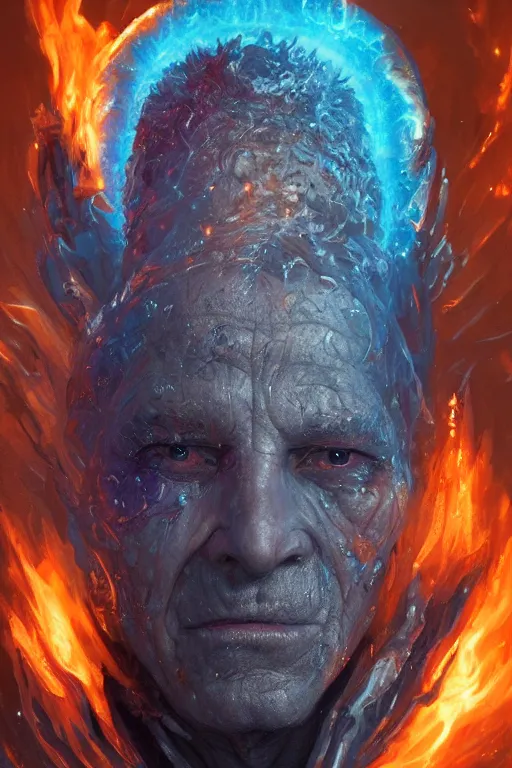 Image similar to the look of an elderly person, necromancer, witch - doctor covered with fire exploding into ice, full of wrinkles and imperfections by artgem and greg rutkowski, highly detailed, high contrast, light reflection, trippy, nebula, trending on artstation