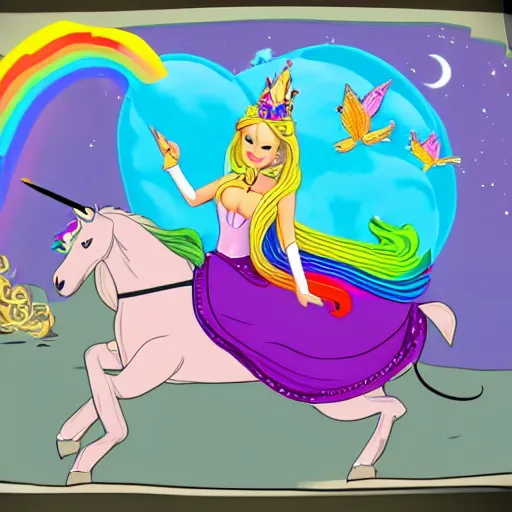 Prompt: a princess with extremely long blond hair from a cartoon riding a unicorn over a rainbow drawn as gta