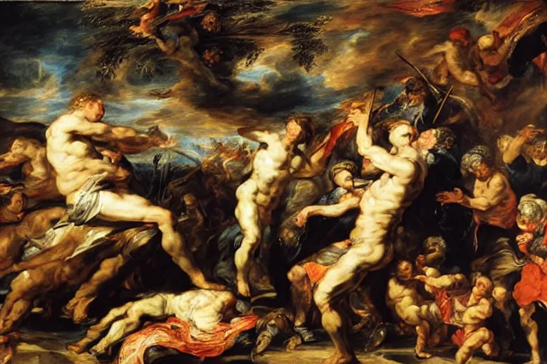 Image similar to Prometeus gifting art to humankind by Rubens and Delacroix, oil painting, hyper detailed, masterpiece, stylized