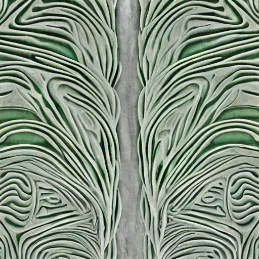 Image similar to thin lines, fractals, lichen macro, serpentine twisty maze, carved soapstone ceiling relief paneling white and pale green, antoni gaudi