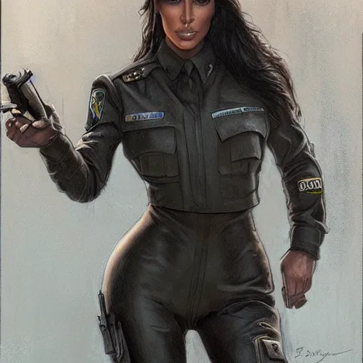 Prompt: kim kardashian as a cop, police uniform, full body view, full pov, haunted house interior, pretty, aesthetic, dust molecules, matte detailed photo, DeviantArt, Artstation, by donato giancola, ralph horley, loish, cinematic lighting