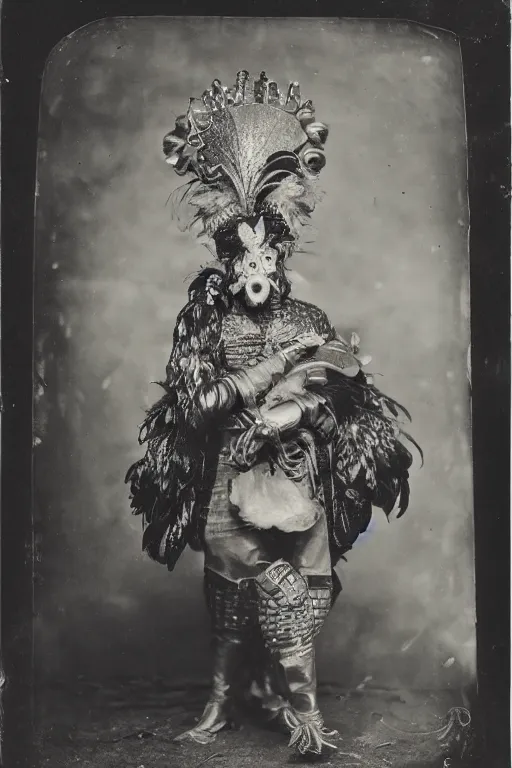 Image similar to a wet plate photo of an anthropomorphic rooster king, wearing a crown, wearing a robe