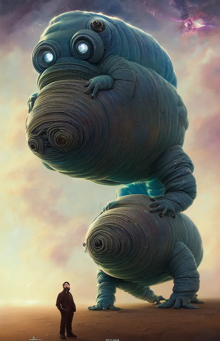 Image similar to a portrait of a tardigrade standing with the tardigrademobile by karol bak, james jean, tom bagshaw, rococo, sharp focus, trending on artstation, cinematic lighting, hyper realism, octane render, 8 k, hyper detailed, vivid, ultra detailed, highly detailed