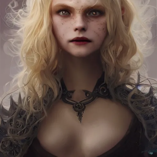 Prompt: a blonde vampire girl, child, freckles, smiling, fangs, messy curly hair, dark leather armor, onyx sword, intricate and very beautiful and elegant, highly detailed, digital painting, artstation, concept art, smooth and sharp focus, cg by tian zi and wlop and alphonse mucha