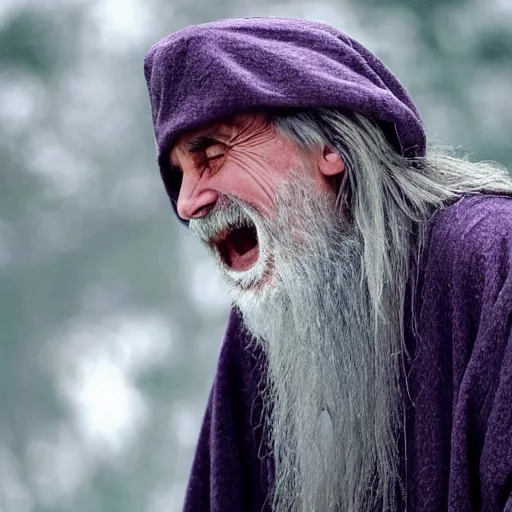 Image similar to christian bale as an old druid wizard, bald, bushy grey eyebrows, long grey hair, disheveled, wise old man, wearing a grey wizard hat, wearing a purple detailed coat, a bushy grey beard, sorcerer, he is a mad old man, laughing and yelling