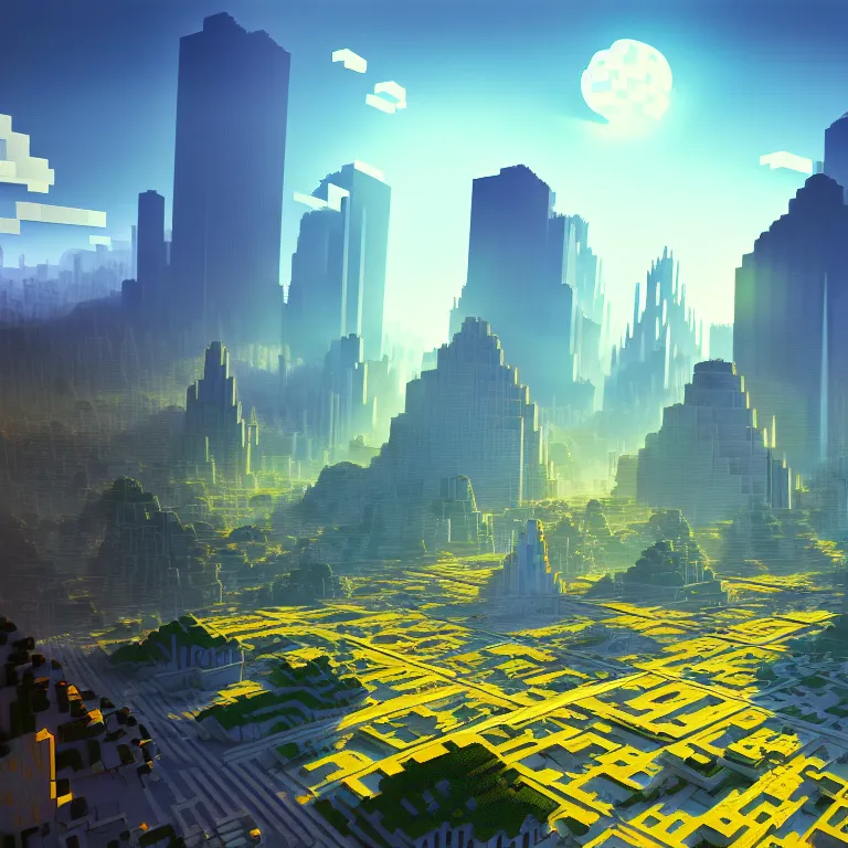 Prompt: nuclear fusion powering a city of the future in minecraft style, volumetric lighting, digital painting, highly detailed, artstation, sharp focus, sunny day, utopia, open space, illustration, concept art, ruan jia, steve mccurry, studio ghibli