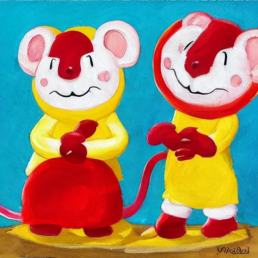 Image similar to two cheerful mice on a planet made of cheese, highly detailed painting