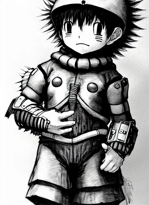 Image similar to beautiful little boy wearing an cyborg bear suit, artwork in kentaro miura and made in abyss and rosdraws, smooth, beautiful lightness, anatomically correct, trending on pixiv, forest