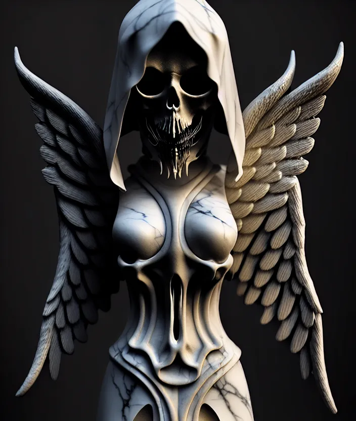 Prompt: intricate detail of angel of death, highly detailed, hollow marble, shadows, octane render, marble texture, high detail, warm lighting, volumetric, godrays, vivid, beautiful, neo - gothic, gothic, character concept design