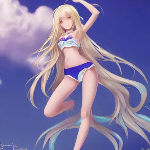 Prompt: a very beautiful young anime princess girl, full body, long wavy blond hair, sky blue eyes, full round face,, bikini, miniskirt, front view, mid - shot, highly detailed, cinematic wallpaper by stanley artgerm lau