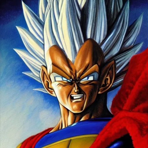 Prompt: an oil painting of a vegeta wearing a christmas hat drawn by frank frazetta, 3 d, cinematic 4 k wallpaper, 8 k, ultra detailed, high resolution, award - winning pencil drawing