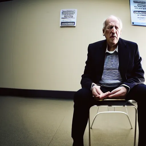 Prompt: wide angle portrait of werner herzog sitting alone in the waiting area of the dmv. ultra wide angle, wes anderson, award winning, hyperrealistic, grand budapest hotel, studio lighting, very detailed face, chiaroscuro, film noir