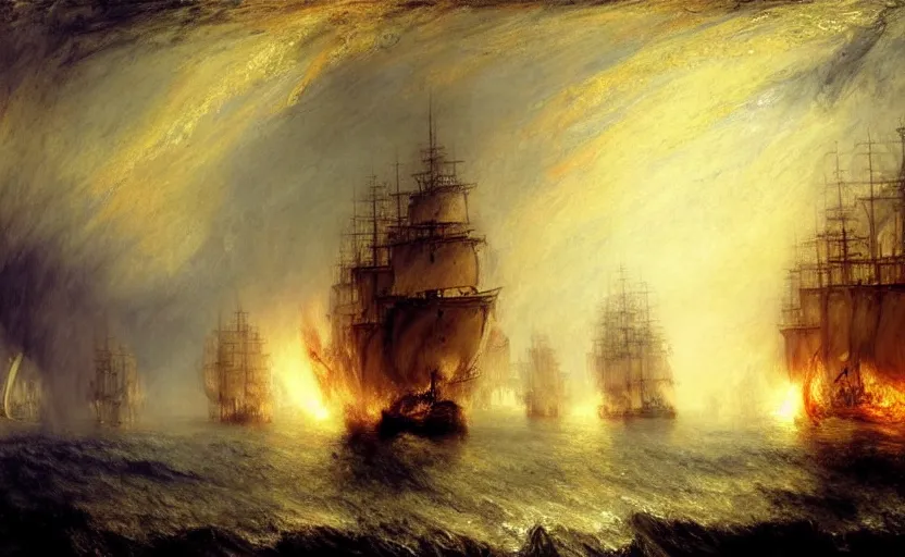 Image similar to epic naval battle, pirate galleons. by artstation trending, by joseph mallord william turner, luis royo, konstantin razumov, cinematic lighting, fractal flame, highly detailed