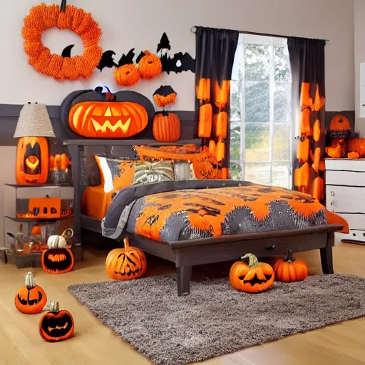 Image similar to homemade maple moth halloween themed christmas bedroom ideas, high resolution, creative, visually appealling