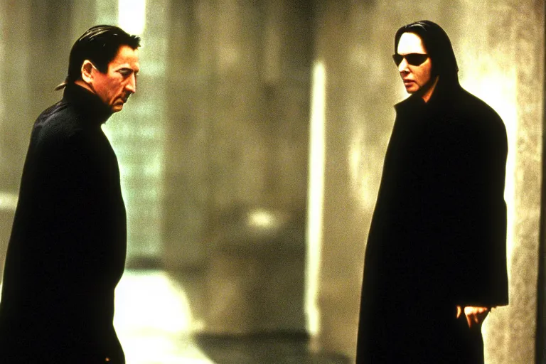 Image similar to film still of Alan Rickman as Neo in The Matrix 1999