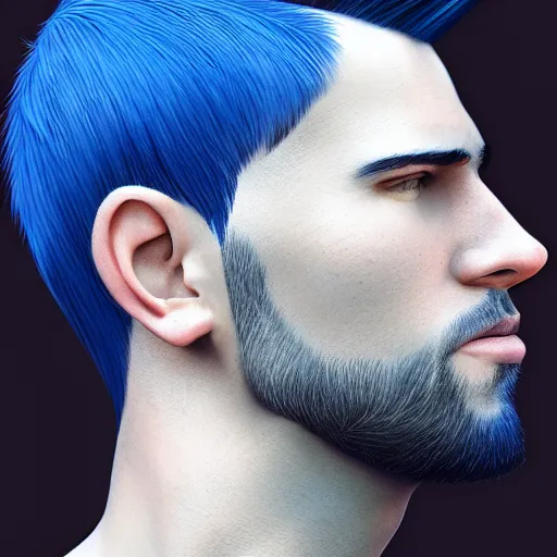 Prompt: portrait of a man with blue undercut hair,a sharp jawline,art by trevor henderson,digital art,highly detailed,photorealistic,deviantart,artstation,professional lighting,cinematic,dramatic