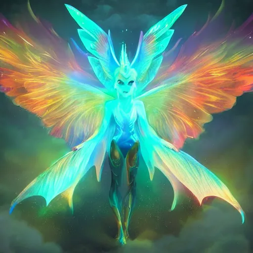 Prompt: bioluminescent winged fairy dragon breathing out the galaxy in 4 k colorful soft lighting diffuse powerful dielectric effects twisting artstation trending high definition high detail low orthogonality