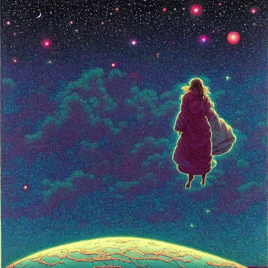 Image similar to ( ( ( ( beautiful starry sky and cloud ) ) ) ) ) by mœbius!!!!!!!!!!!!!!!!!!!!!!!!!!!, overdetailed art, colorful, record jacket, warm tones, bioluminescent