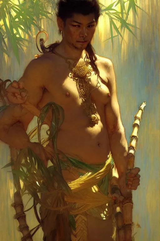 Prompt: god of bamboo, male character design, painting by gaston bussiere, craig mullins, greg rutkowski, alphonse mucha, trending on artstation