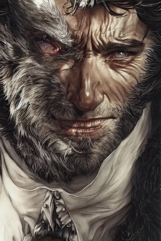 Image similar to hugh jackman as the wolfman, jean baptiste monge, alan lee, dan mumford, alex horley, cedric pavravernay, jc leyendecker, james jean, realistic painting, highly detailed