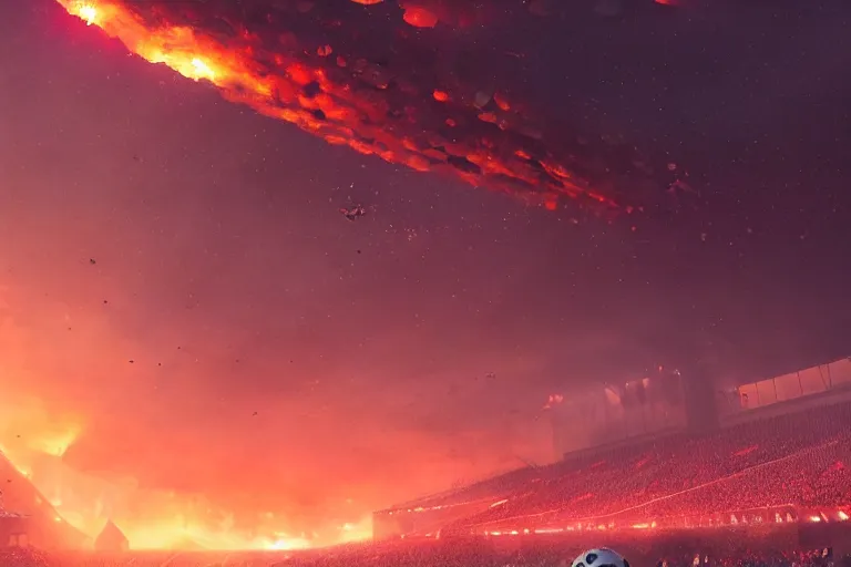 Image similar to meteors fall from the red sky upon a burning football stadium, crowds panic, cinematic lighting by jessica rossier