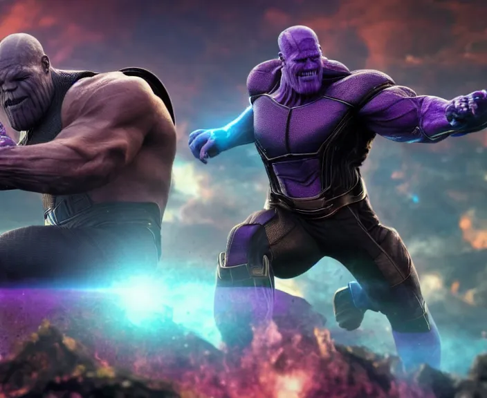 Image similar to 4 k hd, high detail photograph of thanos fighting avengers, shot with sigma f / 4. 2, 2 5 0 mm sharp lens, wide shot, consistent, volumetric lighting, high level texture render