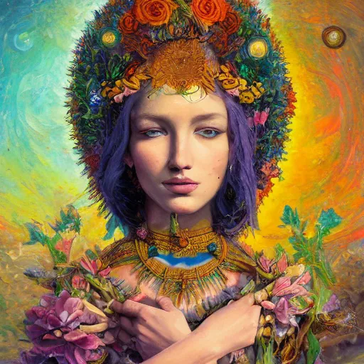 Image similar to a portrait oil painting of a singular beautiful female godess of spring with colorful flowers, holy geometry, tarot card style, by Mohrbacher and Moebius, cinematic lighting, masterpiece, golden ratio background, highly detailed, 8k resolution, trending on art station