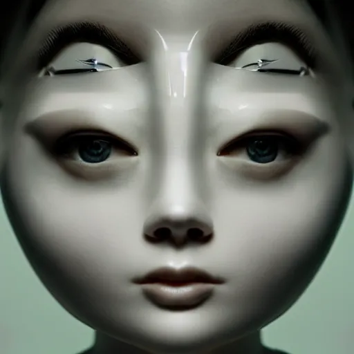 Prompt: minimalist photography portrait of a female porcelain robot, symmetrical, super close up, mid thirties, cute round green slanted eyes, white porcelain skin, wide nostrils, chubby cheeks, high flat eyebrows, black pistons, bjork, ethereal essence, angelic, leica 1 0 0 mm f 0. 8