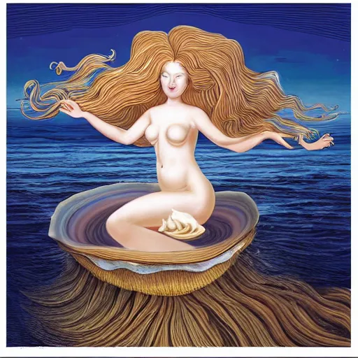 Prompt: The computer art depicts the moment when the goddess Venus is born from the sea. She is shown standing on a giant clam shell, with her long, flowing hair blowing in the wind. The computer art is full of light and color, and Venus looks like she is about to step into a beautiful, bright future. Aaahh!!! Real Monsters, Harry Potter by Raina Telgemeier doom