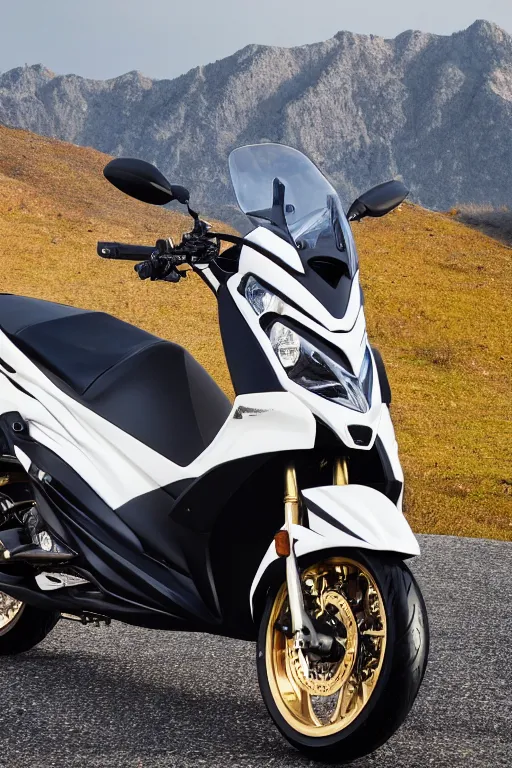 Image similar to photo of yamaha aerox with black and white pearlescent paintjob, mountainroad background, golden hour, 5 6 0 ccm, race style, custom scooter, dslr, 8 5 mm, f / 1. 3