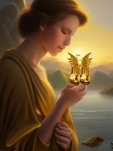 Prompt: an angel, holding 2 golden cups in a lake with the sun rising above the mountains in the background. intricate, elegant, highly detailed, digital painting, artstation, concept art, sharp focus, illustration, by justin gerard and artgerm, 8 k