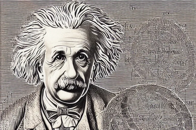 Prompt: an engraved portrait of albert einstein surrounded by intricate equations of theory of relativity, detailed!!! copper - plate engraving in the style of a postage stamp, fine!!! lines, engraved by alfred sealey, bureau of engraving and printing