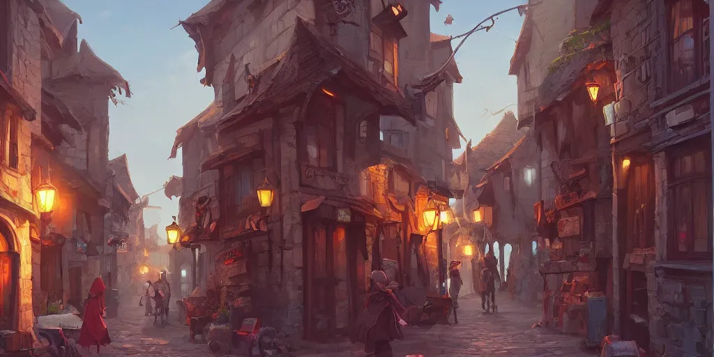 Image similar to a busy fantasy street within a fascinating old city, quirky shops, narrow streets, old buildings, by Sylvain Sarrailh, cinematic, simple but effective composition, clean lines, beautiful digital painting, oil painting, detailed, dungeons and dragons, lord of the rings