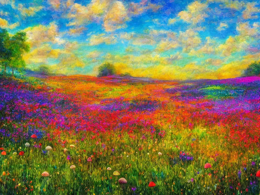 Image similar to an impressionist painting of a gorgeous meadow filled with colorful mushrooms with a stream flowing through it, psychedelic colors, colorful sky in background, high detail, trending on artstation