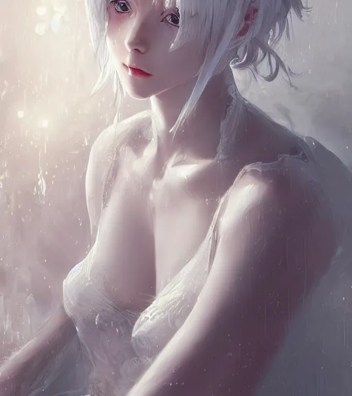 Image similar to Portrait of a white haired anime girl wearing a wet white lace nightgown, intricate, highly detailed, smooth, close-up, artstation, digital illustration by Ruan Jia