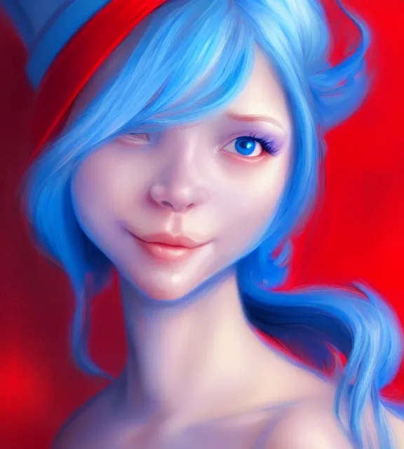 Image similar to cute female smurf with blue skin, perfect face, red sundress, blonde hair, cinematic, stunning, elegant, highly detailed, psychedelic, digital painting, artstation, smooth, hard focus, illustration, art by jessica rossier and and brian froud