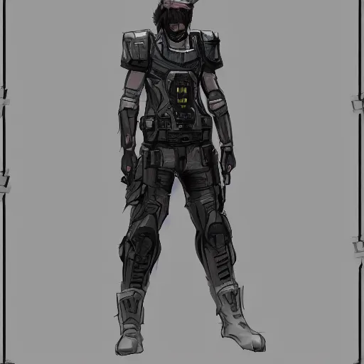 Image similar to ryan church concept art sketch cyberpunk solider black cloth character reference sheet